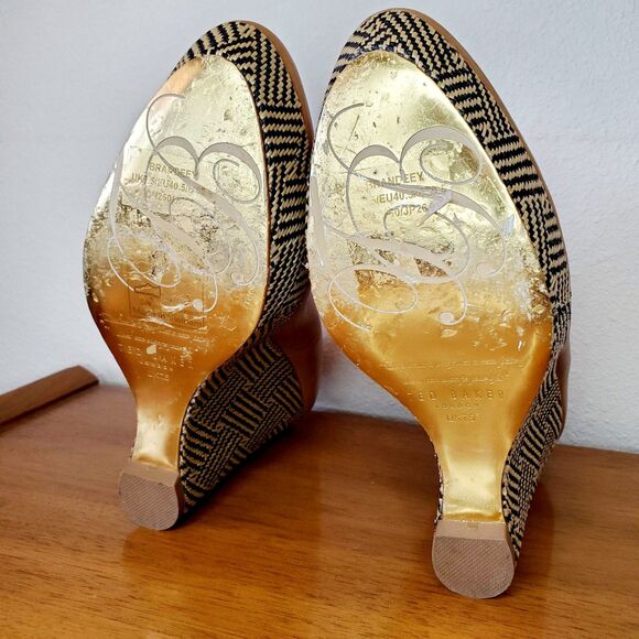 Ted Baker Brandeey Cognac Leather Round Toe Woven Raffia Wedge Heels Sz 9.5 - Picture 6 of 8